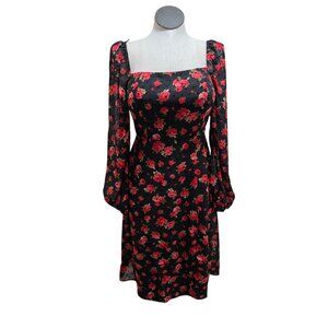 Floral Print Long Sleeve Dress With Square Neckline & A-Line Hem